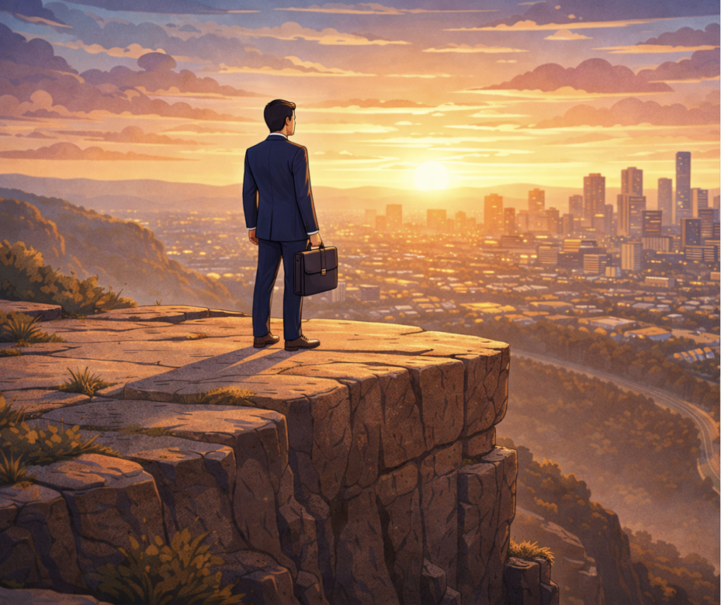 A person in a suit holding a briefcase stands on a cliff edge, overlooking a city skyline at sunset.